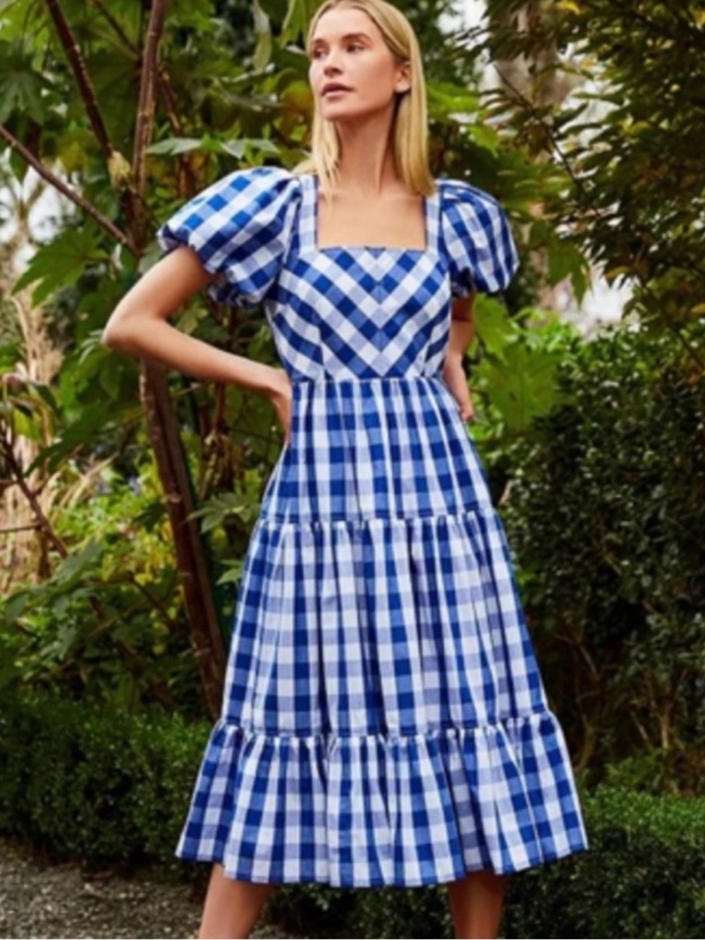 ANTONIO MELANI Blue & White Gingham Puff-Sleeve Midi Dress